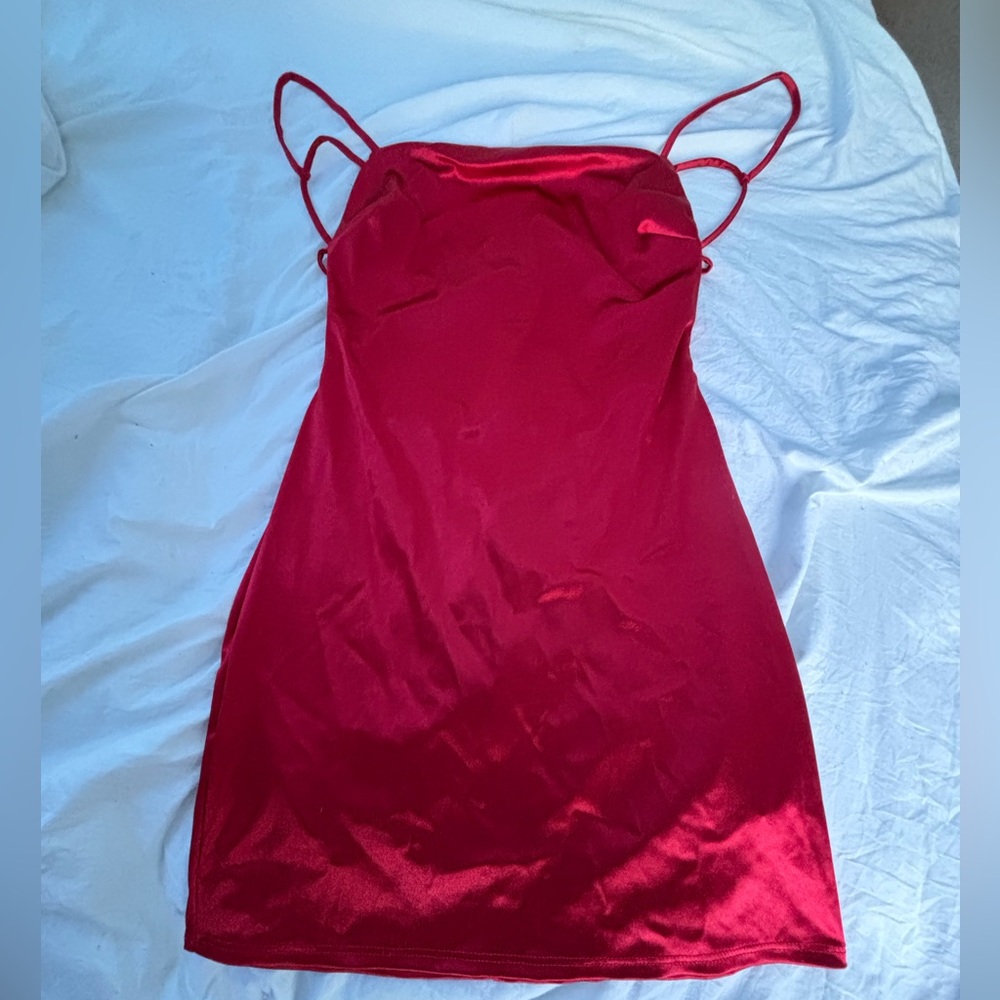 Fashion Nova Red Satin Chemise with Spaghetti Straps
